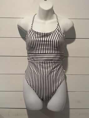 Shade & Shore Black and White Striped Halter Swimsuit